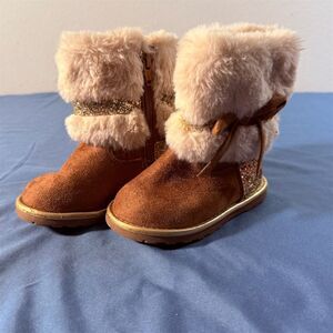 Girls' Brown Faux Fur Boots with Glitter Detail Winter Size 6 Zip Side